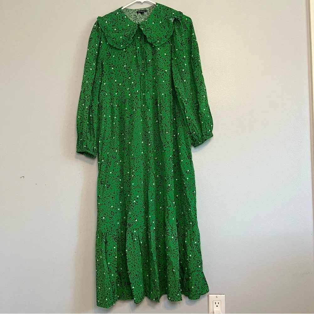 Who What Wear Long Sleeve Maxi Dress Size S Green Black White Dots Peter Pan - Picture 2 of 16
